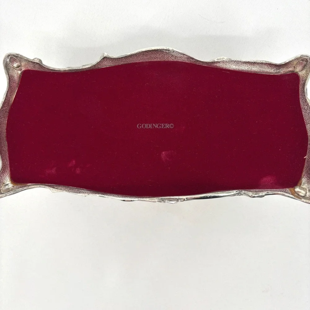Godinger Silver Plated Floral Rose Jewelry Box Red Velvet Lining Footed Ornate